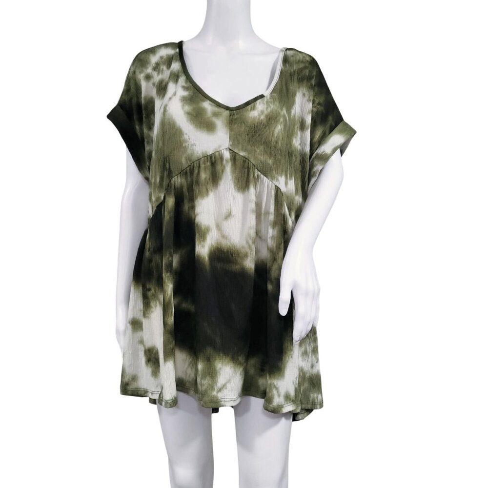 Dar Mode Boho Geometric Tie Dye Short Sleeve High Low Tunic Blouse Green 3XL - Picture 4 of 12